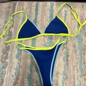 Blue and neon green bikini